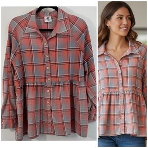 Like Love Cottage Oversize Peplum Preppy Button Plaid Top Women's Size Large